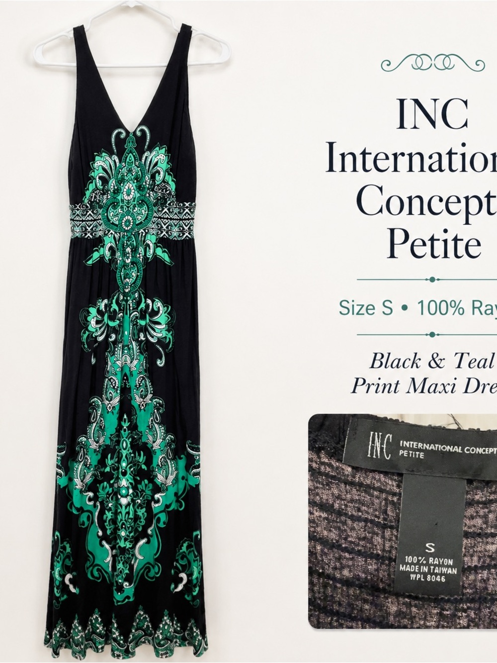 INC International Concepts Black and Teal Paisley-Print Maxi Dress